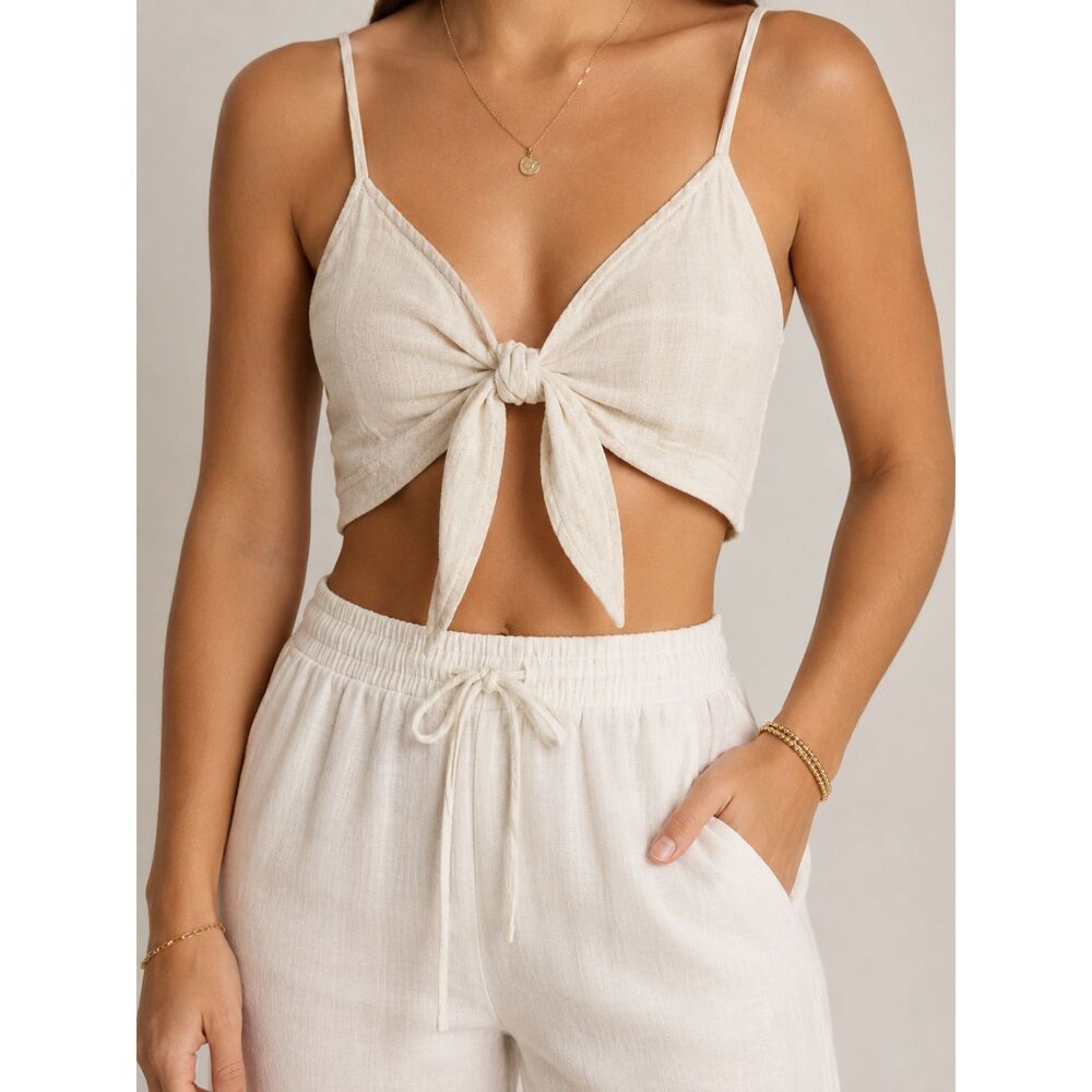 Cotton On Body Linen Blend Tie Front Crop Cami Top Cream XS Boho Beachy